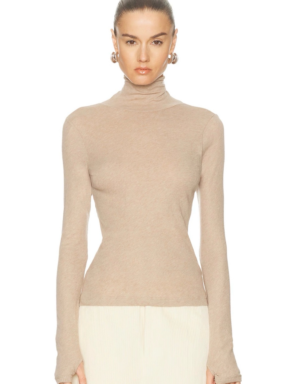 Enza Costa Beige Slim-Fit Turtleneck Long Sleeve Top
